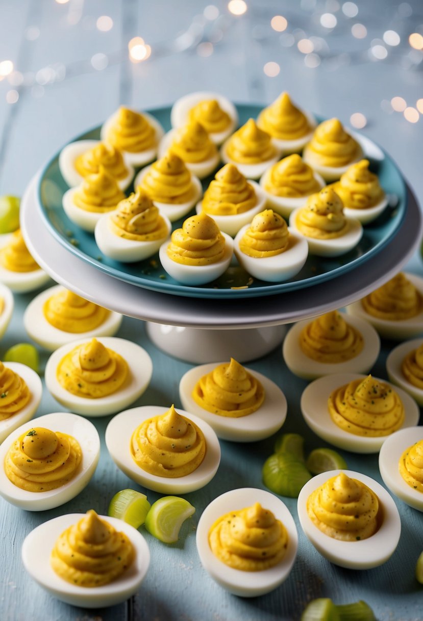 A platter of pickled deviled eggs surrounded by 20 side dishes for ham